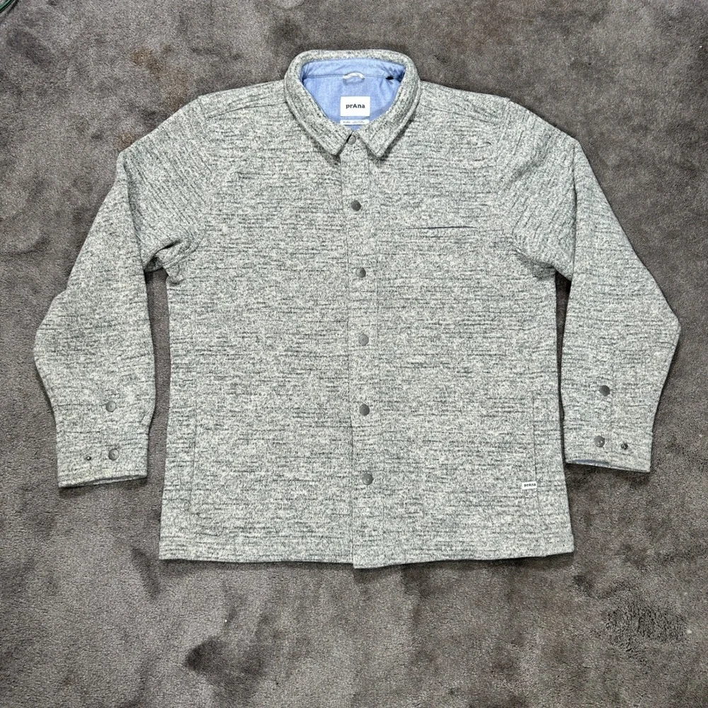 prAna Shirt Jacket Mens XL Gray Marled Polartec Fleece Lined Snap Front Shacket